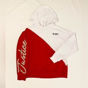 Justice red and white hoodie with “Justice” gold glitter logo. Size XL (16/18)